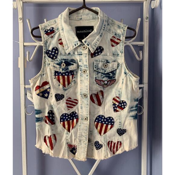 Maurices distressed denin vest top stars amd strips flag heart Patriots Lg farm - Picture 1 of 7